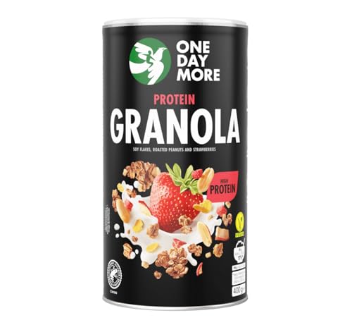 OneDayMore Protein Granola | 450g Viele Früchte Haferflocken Müsli | Vegan Fit Muesli Essen 27,3g Eiweiss Frühstück 100% Natürlich | Kakao Erdbeeren Musli