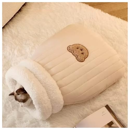 猫ベッド 猫用寝袋 オープン型 冬 防寒 保温 ペットベッドコットンファー 素材 日光干し 手洗い キャットハウス (M,クマライトブラウン)