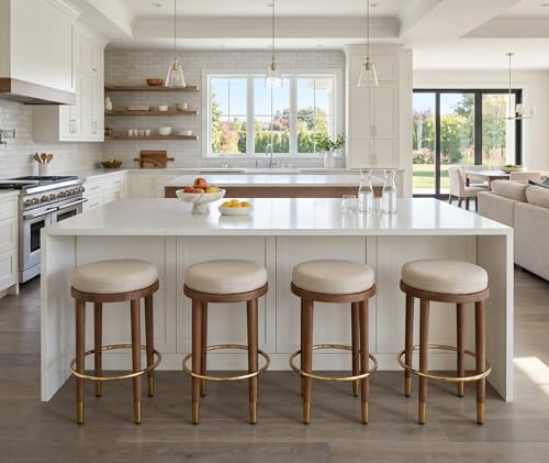 Butacos modernos rústicos sin respaldo de 26 pulgadas, juego de 4 unidades, asiento redondo acolchado y suave, taburetes de altura para barra con estructura de madera y reposapiés metálico dorado, tapizado en lino beige para isla de cocina miniatura 7