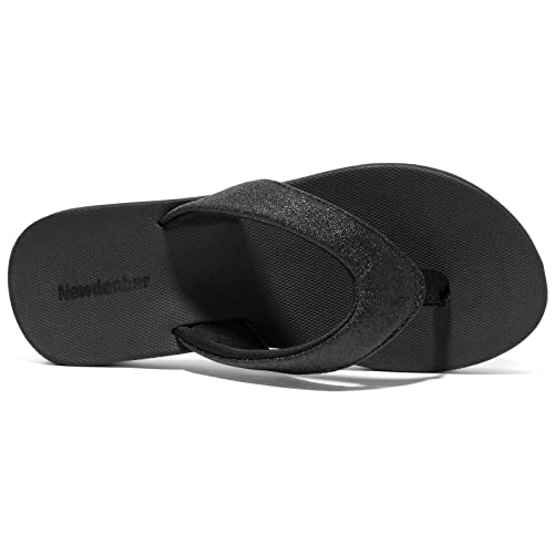 Newdenber Women's Flip Flops Comfort Arch Support Non Slip Summer Leather Thong Sandals (12 Us, Crystal Black) #TOP4