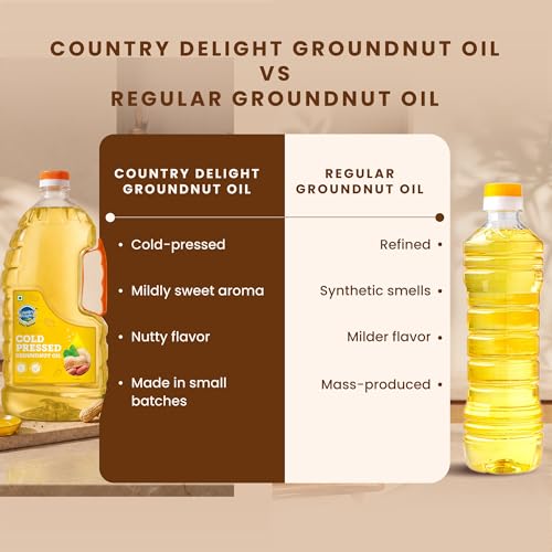 Image of Country Delight Groundnut Oil - 1.8L | Cold Pressed Non-refined Pure Groundnut Oil | Traditional Kohlu Extraction /Kacchi Ghani /Mara Chekku Style | Sweet Aroma & Flavor of Groundnut (Peanut) seeds | Double Filtered