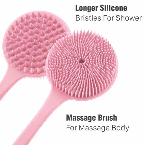 Image of Silicone Body Scrubber for Shower Men Women - Dual-Sided Exfoliating & Massage Shower Brush with Long Handle, Creates Rich Lather, Includes 1 Hook & 2 Lather Balls (Pink).