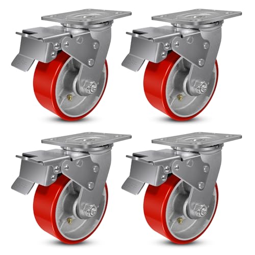 5" Casters, Industrial Heavy Duty Casters Set of 4, Each Caster Wheel Load 1000lbs (4 Total Lock Brake)