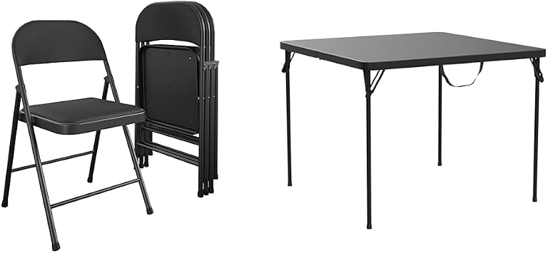 CoscoProducts COSCO SmartFold Fabric Folding Chair, 4-Pack, Black & XL 38.5" Fold-in-Half Card Table w/Handle, Black, Indoor & Outdoor, Portable, Wheelchair Accessible, Camping