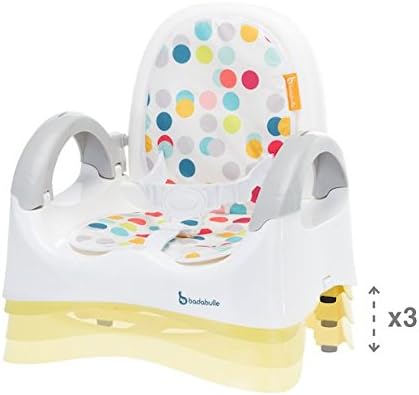 Close-up of the Badabulle B009009 Booster Seat showing the three height adjustment levels.