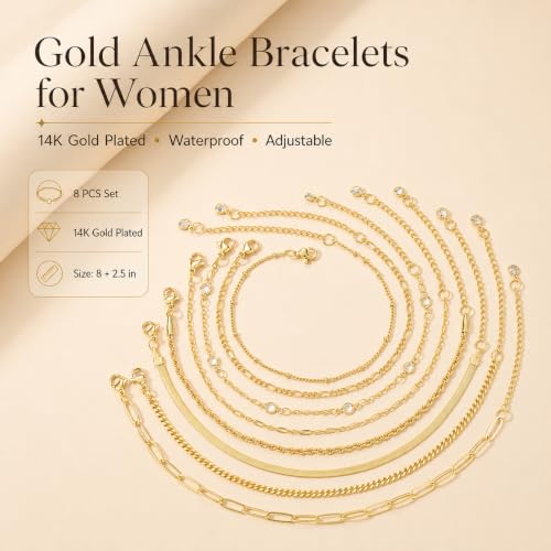 Image of iF YOU Gold Ankle Bracelets for Women, 14k Gold Plated Waterproof Cuban Link Chain Anklets Set, Layered Anklet Bracelets for Women Beach Gift Adjustable Size 5pcs
