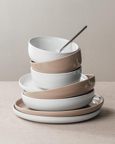 Image of Famiware Milkyway Plates and Bowls Sets, 12 Pieces Stoneware Dinnerware Sets, Dishes Set for 4, White & Cinnamon Brown