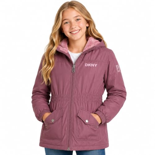 Image of DKNY Girls Midweight Jacket - Cozy Sherpa Fur Lined Water Resistant Hooded Anorak Windbreaker Zip Up Jacket for Girls