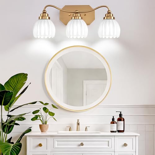 Image of Vintage Bathroom Light Fixtures, Gold Bathroom Vanity Light, Matte Antique Brass Finish with Crystal Glass Shade, Wall Sconces Lighting for Bedroom, Living Room, Hallway (Milk White, 3-Light