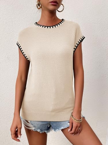Image of Cap Sleeve Sweater Tops for Women 2026 Knit Summer Sleeveless Tank Vest | Slim Fit, Trendy Color Block, Soft, Skin-Friendly, Strechy, Lightweight, Breathable, Casual Daily Wear