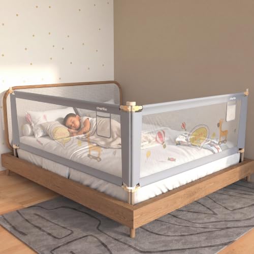 Image of Cherilo Bed Rail Guard for Baby Safety | (6.5ft x 6ft / 200cm x 180cm), 2 Side | Foldable & Height Adjustable | Breathable Mesh, Kids-Friendly Prints | Grey (Pack of 2)