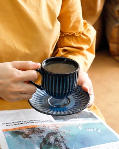 Hasense RIBBED-6-N Ceramic Cappuccino Cups And Saucers Set Of 4, Ribbed 6 Oz Demitasse Tea Cup With Big Handle, Mugs Set For Coffee,Tea,Latte And Mocha, Aesthetic Gift For Anniversary Or Holiday thumb #6