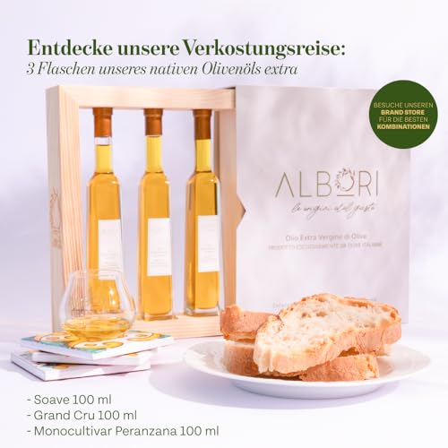 ALBORI Verkostung- Olivenöl Italienisch Extra Nativ Apulisches Kaltgepresst, Geschenkset Geschenkbox Degustation mit 3 Ölflasche Olive Oil 100ml, Premium Geschenkideen Monokultivar und Mischung Oliven