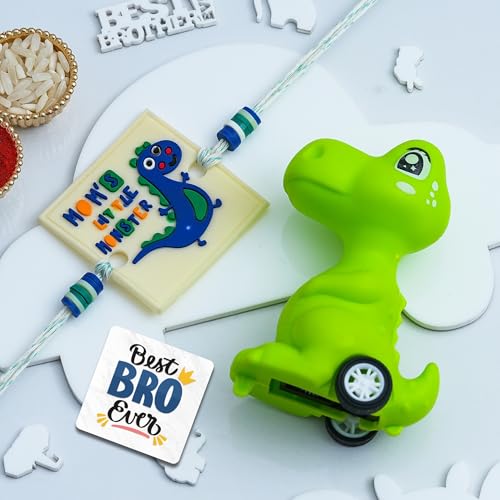 Image of eCraftIndia Mom's Little Monsters Dinosaurs Rakhi for Kids with Best Bro Ever Fridge Magnet | Kids Rakhi for Brother Bhaiya Bhai | Dinosaur Gift | Roli Chawal Pack