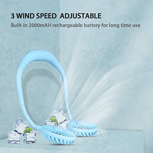 Image of Hands Free Portable Neck Fan, Rechargeable Mini USB Personal Fan Battery Operated Necklace Fan for Home Office Travel Indoor Outdoor (Blue)