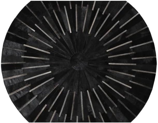 Image of Round Leather Area Rug, Cowhide Soft Hair Suede Leather Carpet, Luxury Sun Rays Stripes Patchwork Round Rug, Non Slip Floor Accent, Ideal for High Traffic Areas in Living Room, Color: Black (8x8 ft)