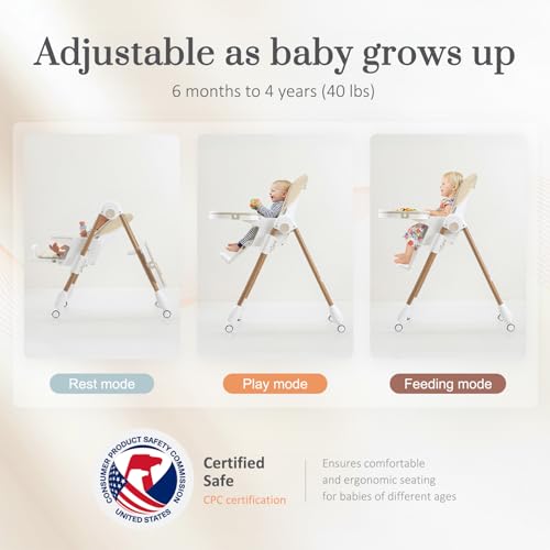 Image of Mallify Foldable High Chairs for Babies and Toddlers, 3-in-1 Convertible Baby High Chair with Removable Soft Cushion and Tray, Adjustable Height & Recline, Lockable Wheels, Cream