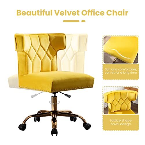 Recaceik Velvet Home Office Chair, Modern Adjustable Swivel Desk Chairs With High Back 360 Degree Castor Gold Wheels For Living Room/Bedroom/Office (Yellow) #TOP4