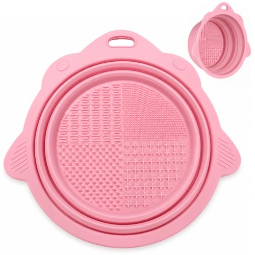 Image of Foldable Silicone Makeup Brush Cleaner Bowl - 2-in-1 Brush Cleaning Mat & Washing Tub, 4 Deep-Cleaning Textures for Makeup Brushes, Sponges & Powder Puffs, Portable Travel Makeup Brush Scrubber, Pink