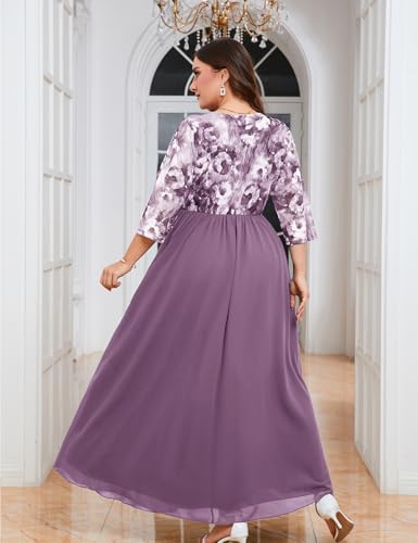 Image of ZOMVA Plus Size Maxi Formal Dress Lace Chiffon Floral V-Neck Wrap Wedding Guest Evening Gown Cocktail Prom 3 /4 Sleeves