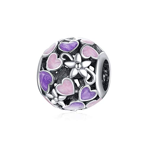 Abalorio de flor redonda en plata 925 rosa y púrpura para pulsera