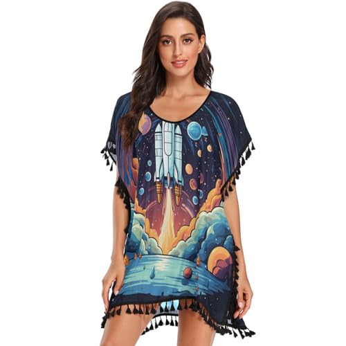 Art Space Rocket Purple Stars Women's Beach Cover Up Chiffon Tassel Swimwear Swimsuit Coverups for Girl