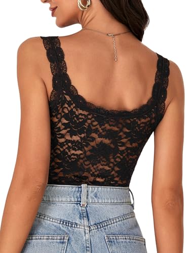 LYANER Women's Floral Lace Scallop Spaghetti Strap Sleeveless Sheer Tank Cami Top Blouse2