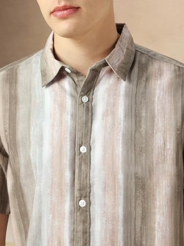 Image of Dennis Lingo Men's Brown Cotton Spread Collar Short Sleeves Printed Shirts