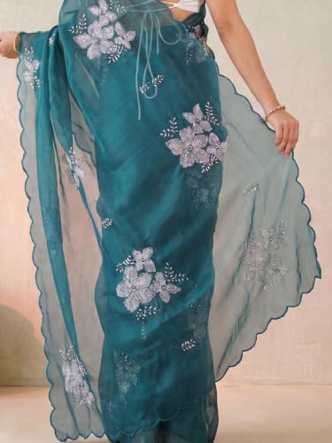 Image of AKHILAM Women's Shimmer Pure Georgette Embroidered Ready To Wear one Minute Saree With Unstitched Blouse Piece