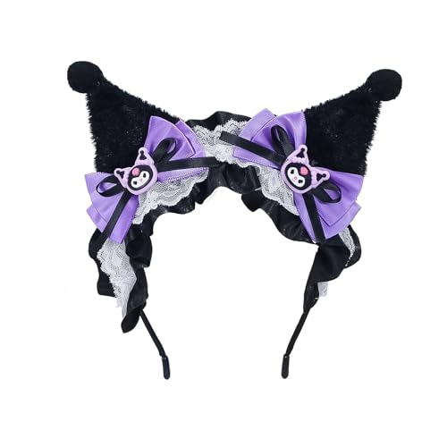 Solvexa Gothic Lolita Cat Ears Headband With Bows & Lace Ribbons Lolita Headwear for Women Costume Cosplay Party Accessories Soft Faux Fur Plush Fox Ears for Daily Wear and Birthday Decor (Black)