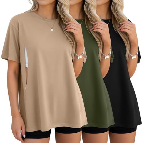 Image of Sweetyweee 3 Pack Women's Oversize Nursing Breastfeeding Shirts Hidden Zipper Short Sleeve Loose Fit Maternity Tops