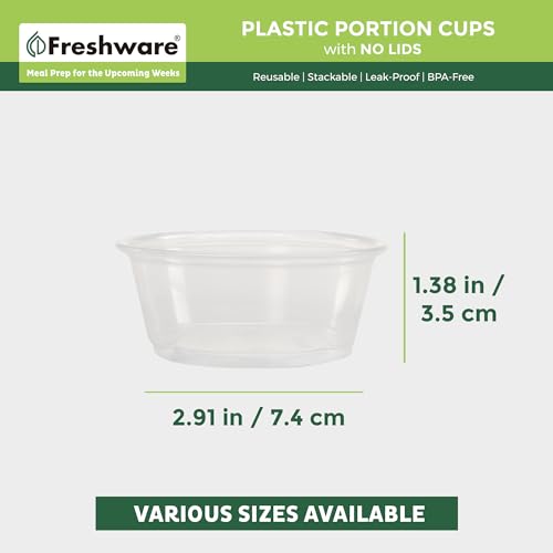 Image of Freshware Plastic Portion Cups (No Lids) [3.25 Ounce, 250 Count] Disposable Plastic Cups for Meal Prep, Salad Dressing, Jellos Shot Cups, Souffle Cups, Condiment and Dipping Sauce Cups, Clear