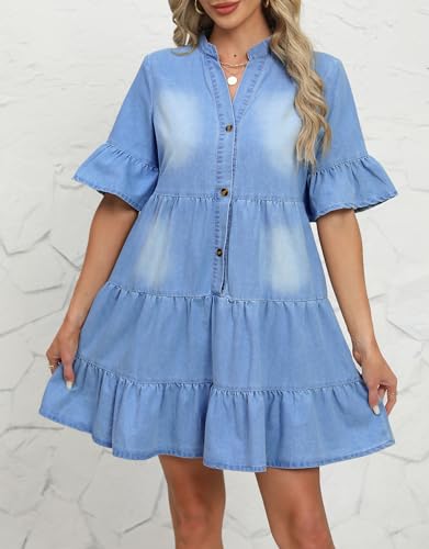 CYLADY Women Denim Dresses Casual V Neck Ruffle Short Sleeve Summer Denim Jean Dress3