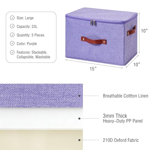 Image of 3PCS Storage Bins Boxes with Zippered Lids Cotton Linen Fabric Decorative Basket PU Leather Handles PP Plastic Board Foldable Lidded Clothing Shelf Closet Organizer Container (Purple, Large)