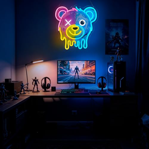 Image of Two-Tone Bear Neon Sign for Wall Decor,Cool LED Dimmable Signs Gifts for Kidsroom Men Cave Game Room Decor, Birthday Party Decoration Gift