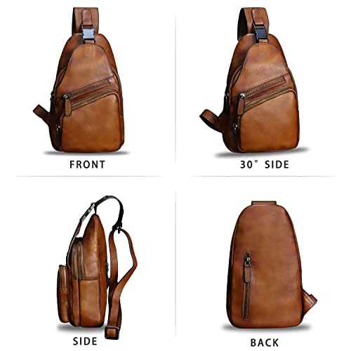 Genuine Leather Sling Bag Crossbody Purse Handmade Hiking Daypack Motorcycle Bag Retro Shoulder Backpack Vintage Chest Bag (Brown)4