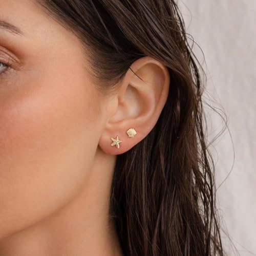 Stud Earrings for Women: Danty Tiny Starfish Turtle Shell Seahorse Octopus Nautilus Cicada Stud Ear Stack Earrings Set 14k Gold/White Gold Plated2