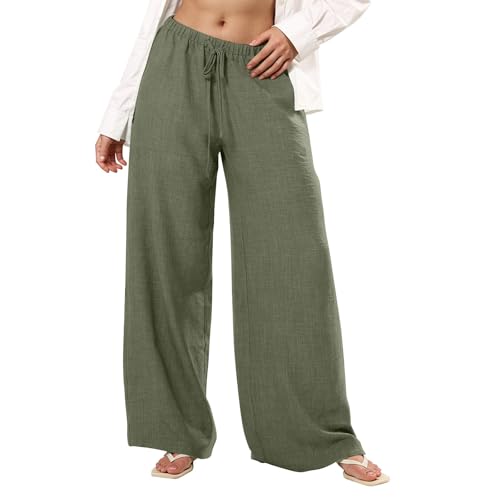 Palazzo Linen Pants for Women Elastic High Waisted Wide Leg Beach Pants Casual Summer Loose Flowy Trousers with Pocket2
