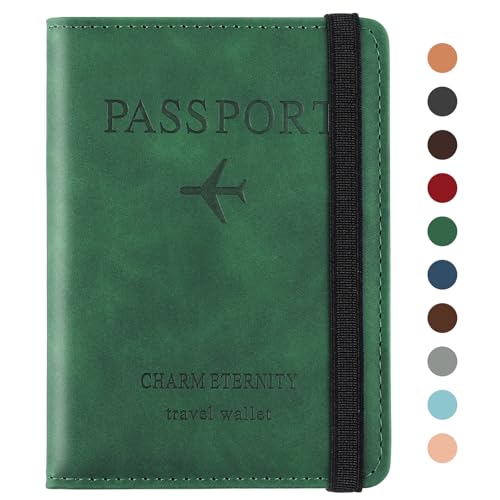 Sciphylia Capa de passaporte porta-documentos de viagem porta-documentos duráveis com bloqueio RFID couro PU suporte documentos para viagem acessórios para homem mulher, Verde escuro, Clássico