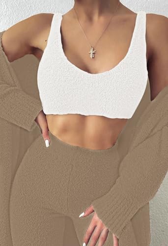 Image of Fixmatti Women's Fuzzy 3 Piece Sweatsuit Open Front Cardigan Crop Tank Tops Wide Legs Pants Lounge Sets