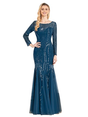 Image of Long Sleeve Sequin Evening Dress Glitter Mermaid Long Gown for Mother of The Bride Or Wedding Guest