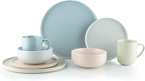 Everything Kitchens Colección Modern Flat Vajilla (beige, rosa suave, gris piedra, azul polvoriento, juego de vajilla de 32 piezas)