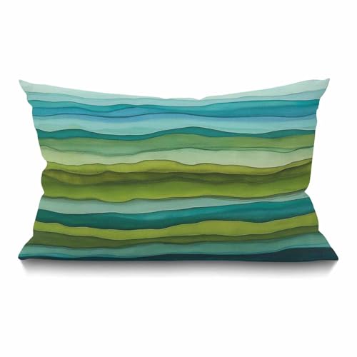 Image of Smooffly Watercolor Throw Pillow Cover,Stripped Waves Blue and Green Paint Brush Gradient Marine Sea Splash Cotton Linen Throw Pillow case Cushion Cover for Sofa Home Decorative Oblong 12x20 Inches