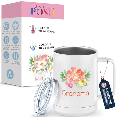 Just So Posh Grandma Flowers Tumbler, Coffee Mug with Handle and Slider Lid, White 15 oz Polar Camel, Stainless Steel, Vacuum Insulated