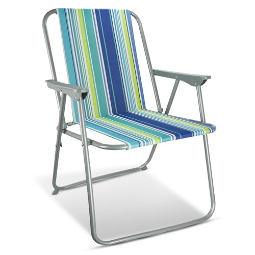 ASAB Folding Garden Patio Spring Deck Chair With Arms & Comfortable Fabric Seat Picnic Camping Beach Fishing Outdoor - Stripe