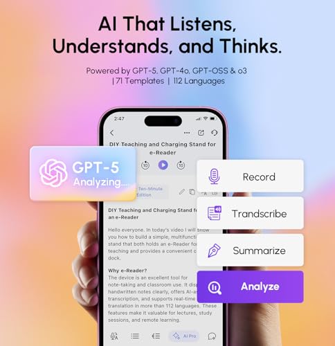 Image of AI Voice Recorder, App Control, Transcribe & Summarize with 71 Pro Templates, Deep AI Analysis, Record Anytime Anywhere for Meetings, Work, Lectures, 112 Languages,Black