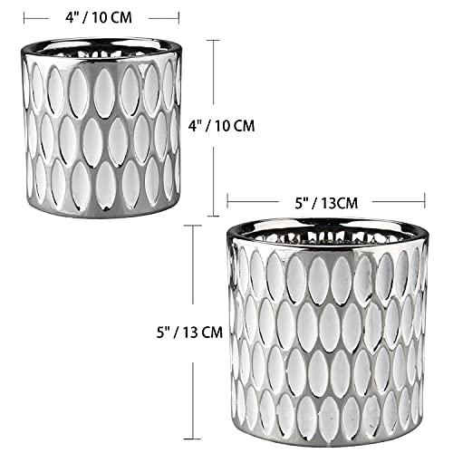 Ceramic Silver Planters For Indoor Plants 4 + 5 Inches Textured Silver Plant Pots Set Of 2 Small Succulent Pots Ceramic Planter Set For Snake Plant Herb Orchid #TOP5