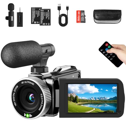 4K Video Camera Camcorder 48MP 60FPS UHD for YouTube Vlogging 18X Digital Zoom 3' IPS 270° Flip Screen Video Camcorder with Wireless Lavalier Microphone, 32GB SD Card, 2 Batteries and Remote Control