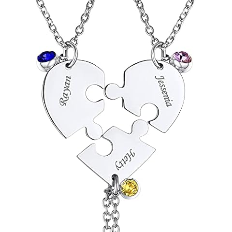 FindChic Matching Necklaces for 3 Birthstone Split Heart Necklace Personalised for BFF/Sisters/Family Stainlesss Steel Puzzle Piece Necklace Cover
