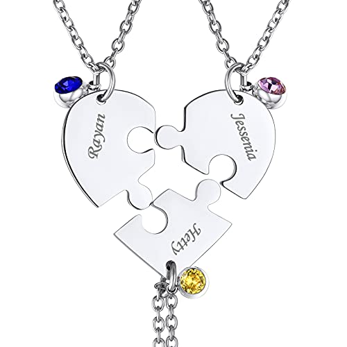 FindChic Personalized BFF Necklace for 3 Persons Friendship Puzzle Matching Name Heart Pendant with Birthstones Stainless Steel Jewelry Gifts Customizable Best Friend Necklace Set